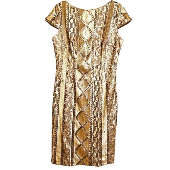 Nwot Adrianna Papell Cable Knit Cap Sleeves Gold Geometric Sequin Cocktail Dress - Picture 17 of 17